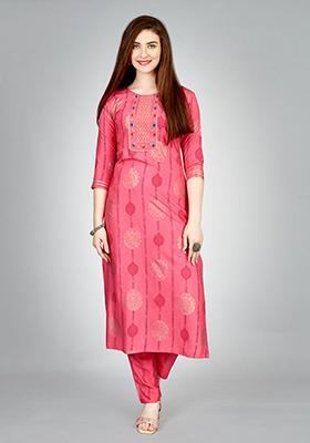 Pink Embroidered Rayon Kurta Set