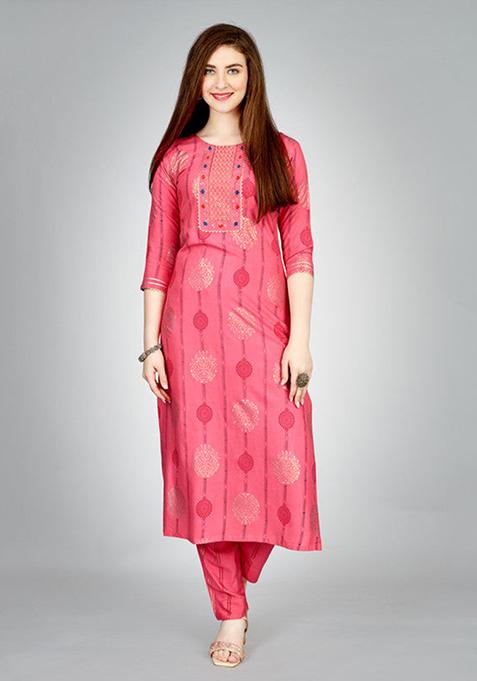 Pink Embroidered Rayon Kurta Set