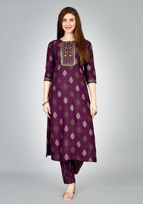 Purple Embroidered Rayon Kurta Set