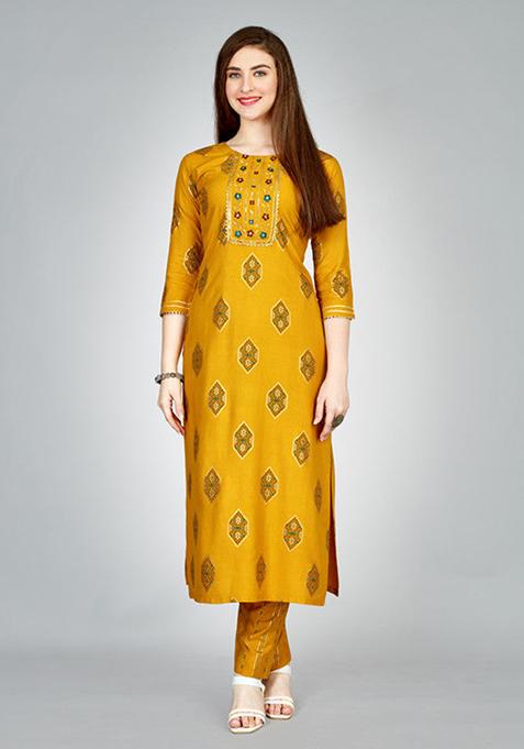 Yellow Embroidered Rayon Kurta Set