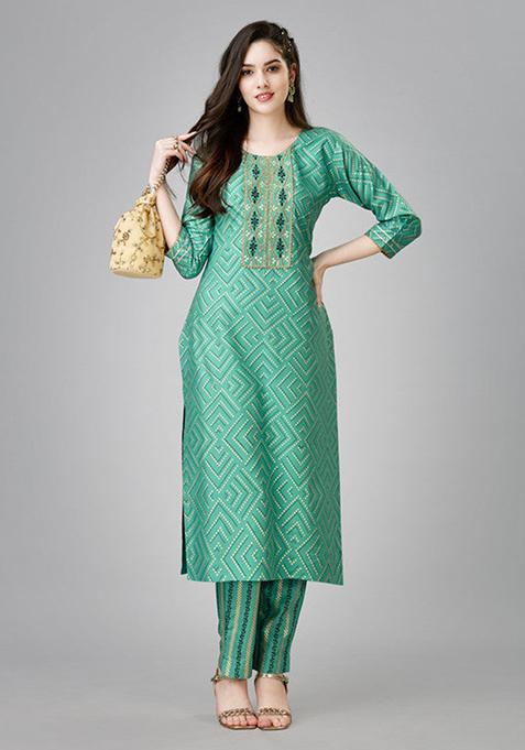 Green Embroidered Rayon Kurta Set