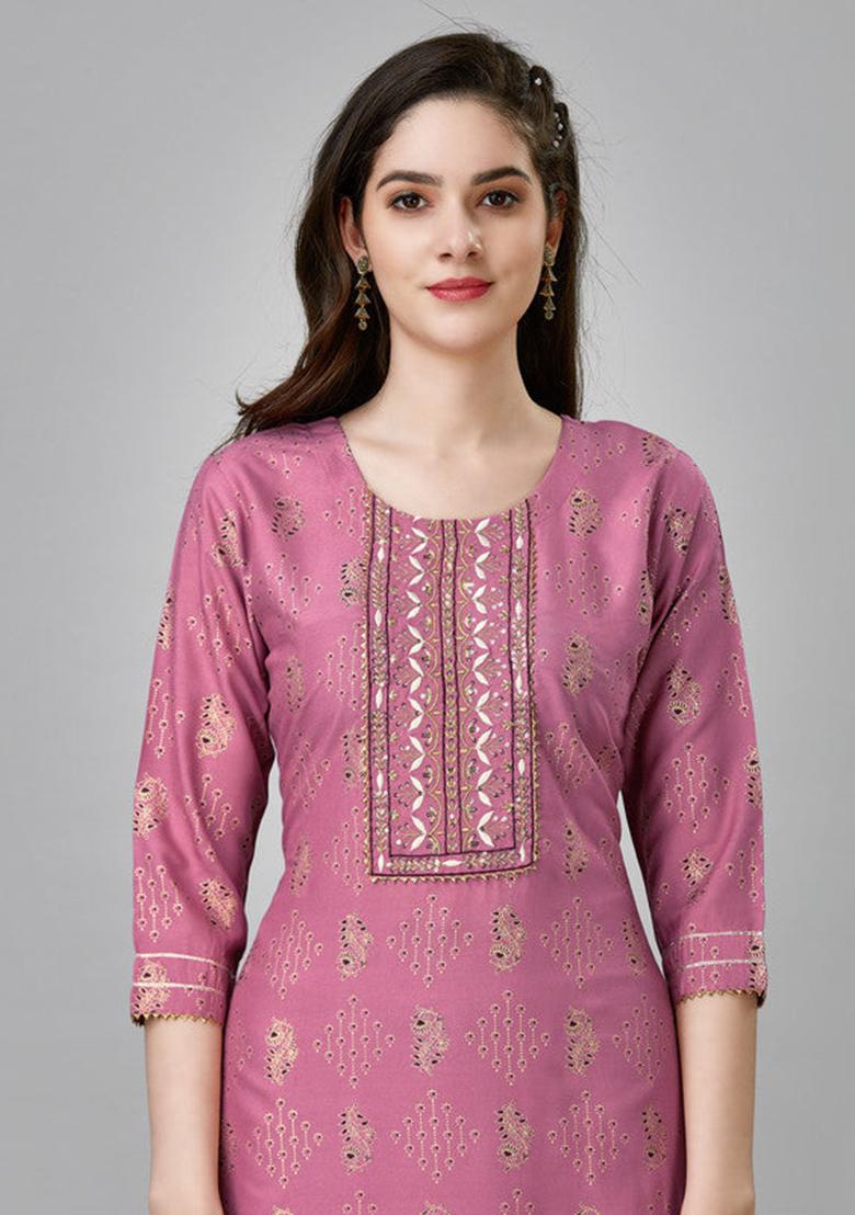 Purple Embroidered Rayon Kurta Set