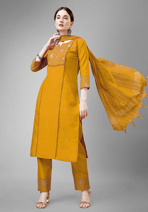 Yellow Embroidered Cotton Blend Kurta Set