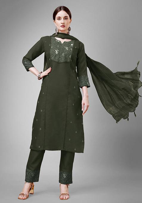 Dark Green Embroidered Cotton Blend Kurta Set