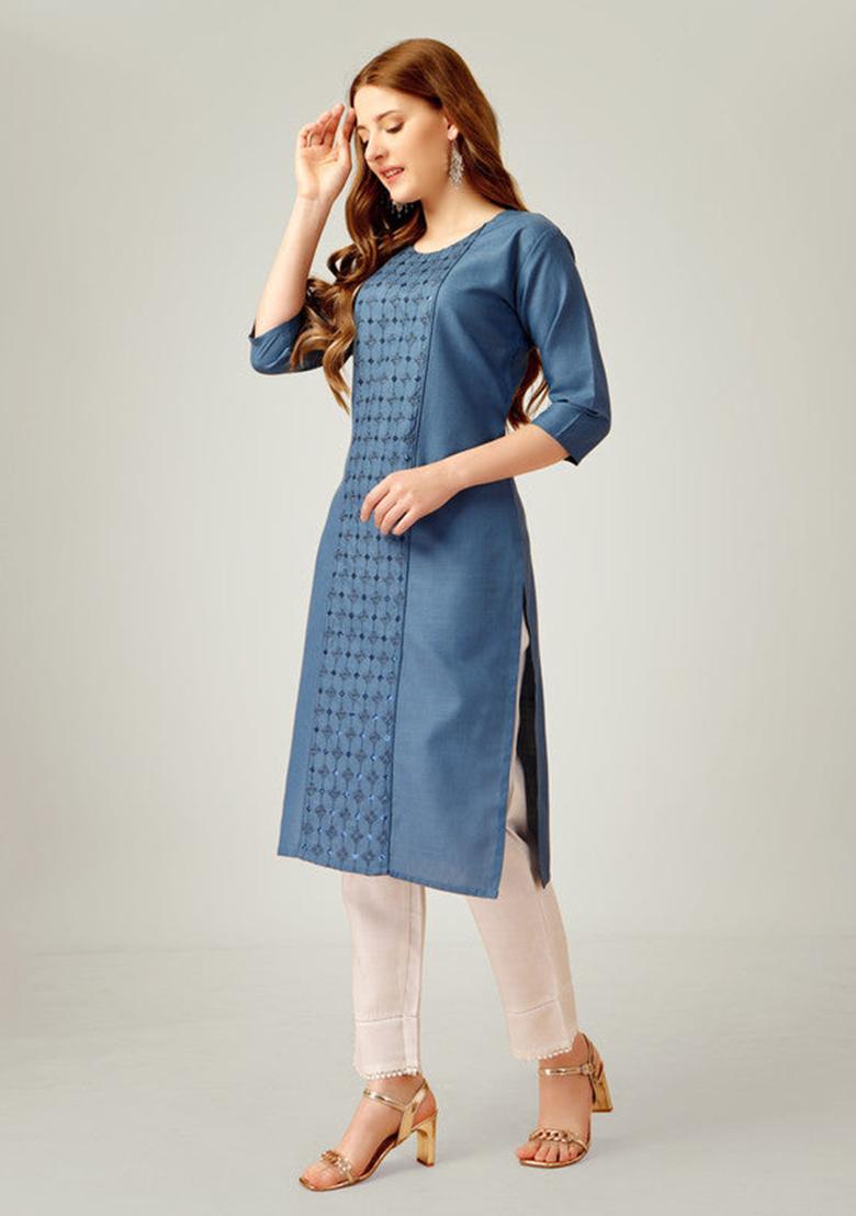 Light Blue Embroidered Cotton Blend Kurta Set