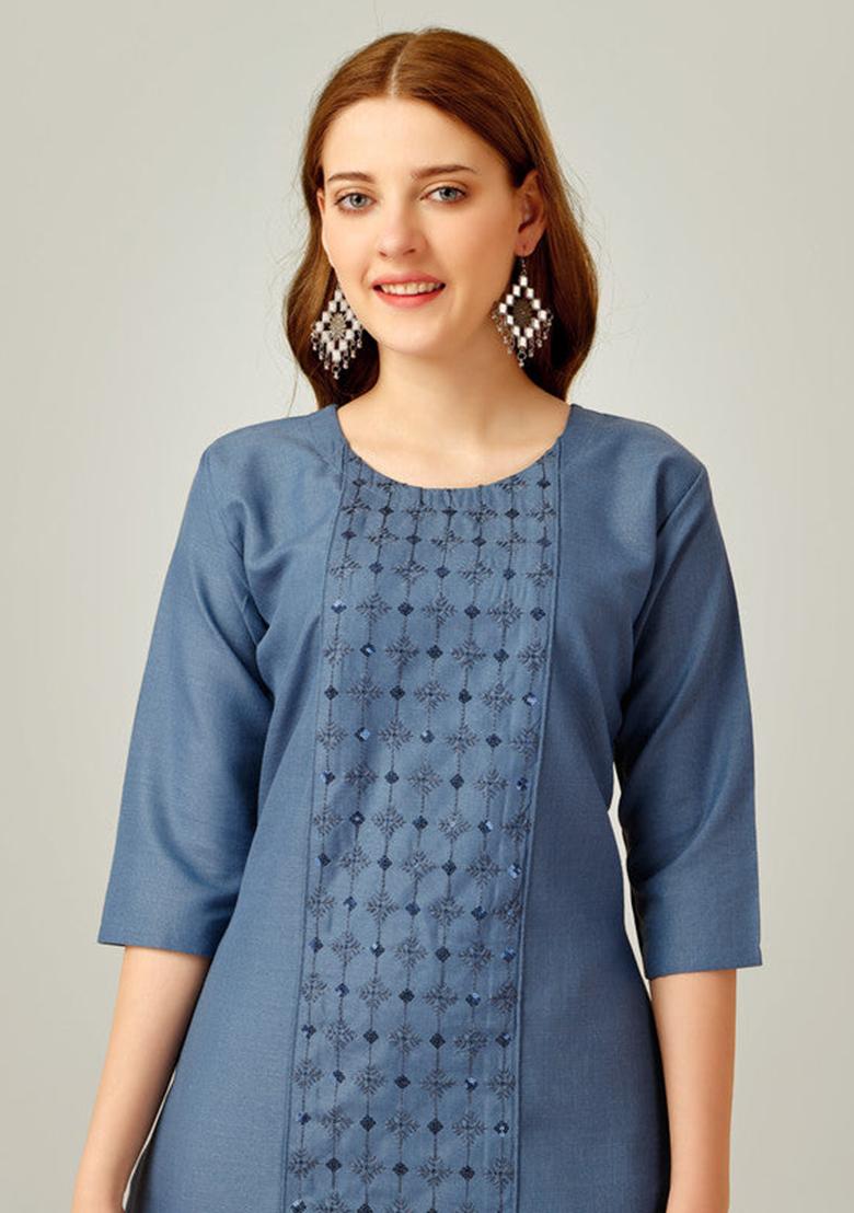 Light Blue Embroidered Cotton Blend Kurta Set
