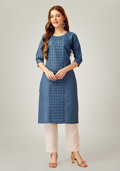 Light Blue Embroidered Cotton Blend Kurta Set