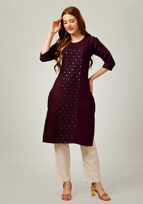 Purple Embroidered Cotton Blend Kurta Set