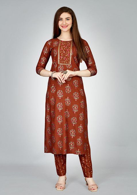 Brown Embroidered Rayon Kurta Set