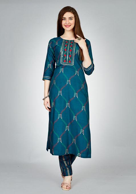 Dark Blue Embroidered Rayon Kurta Set