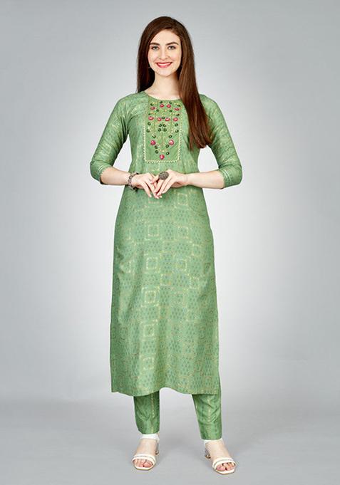 Light Green Embroidered Rayon Kurta Set