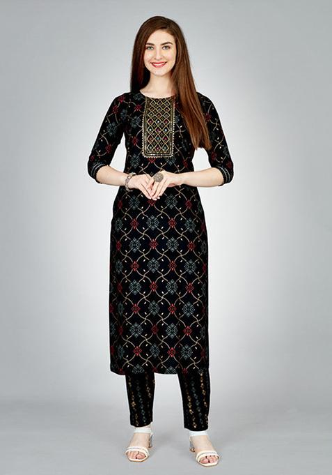 Black Embroidered Rayon Kurta Set