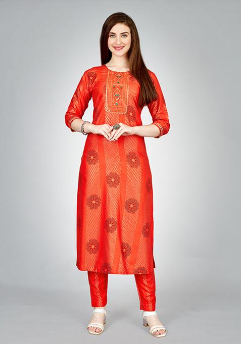 Orange Embroidered Rayon Kurta Set