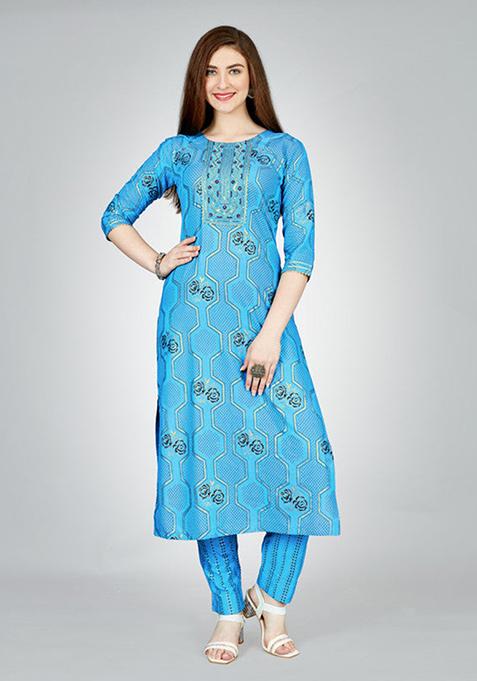 Light Blue Embroidered Rayon Kurta Set