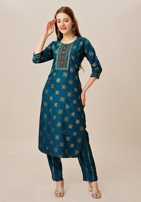 Blue Embroidered Rayon Kurta Set