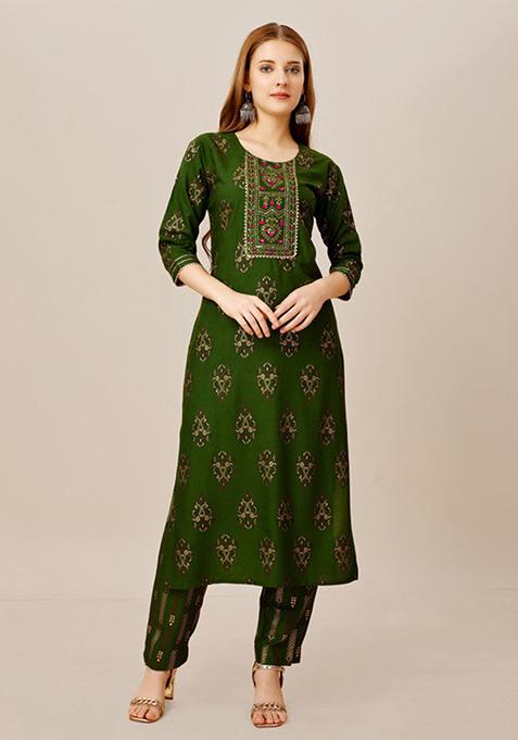 Green Embroidered Rayon Kurta Set