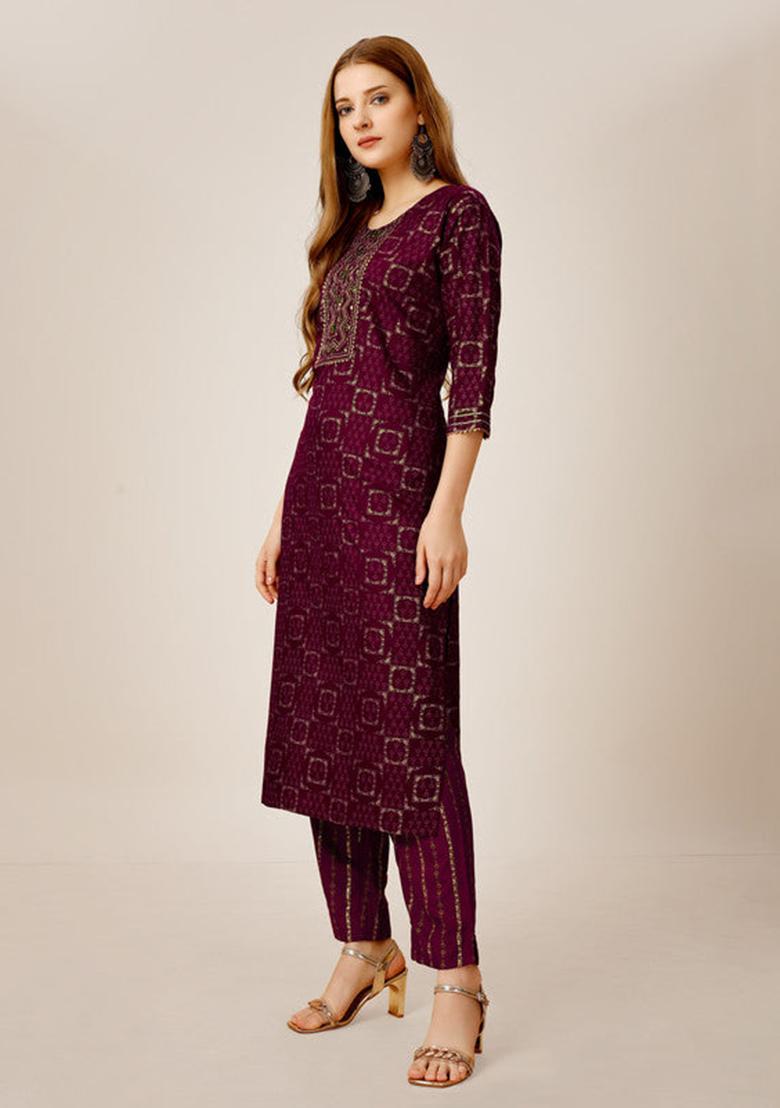 Purple Embroidered Rayon Kurta Set