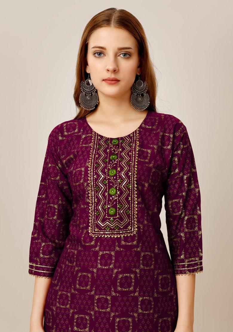 Purple Embroidered Rayon Kurta Set