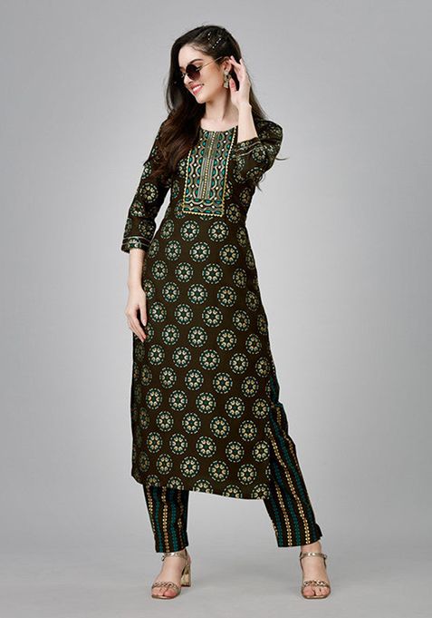 Brown Embroidered Rayon Kurta Set