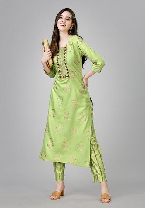 Light Green Embroidered Rayon Kurta Set