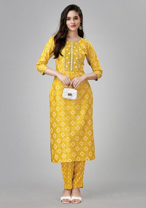 Yellow Embroidered Rayon Kurta Set