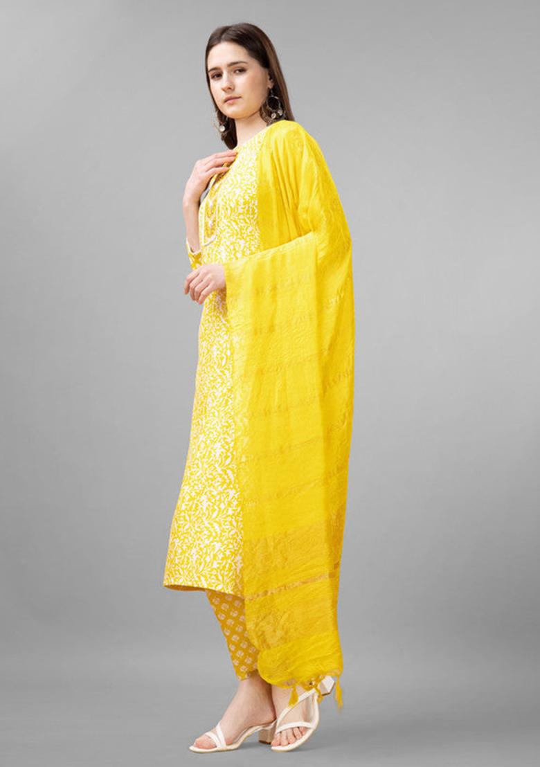 Yellow Embroidered Rayon Kurta Set