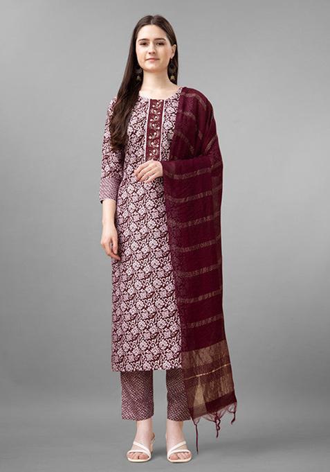 Maroon Embroidered Rayon Kurta Set