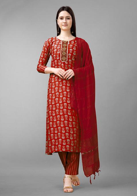 Maroon Embroidered Rayon Kurta Set