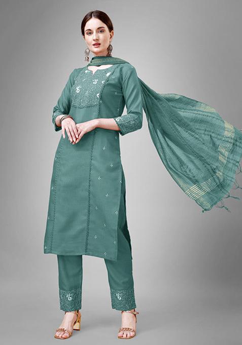 Teal Embroidered Cotton Blend Kurta Set