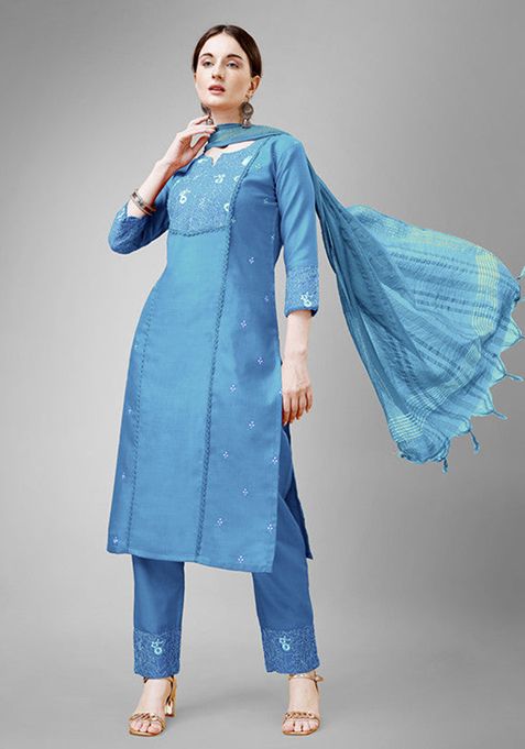 Sky Blue Embroidered Cotton Blend Kurta Set