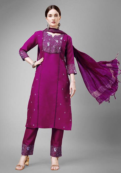 Purple Embroidered Cotton Blend Kurta Set