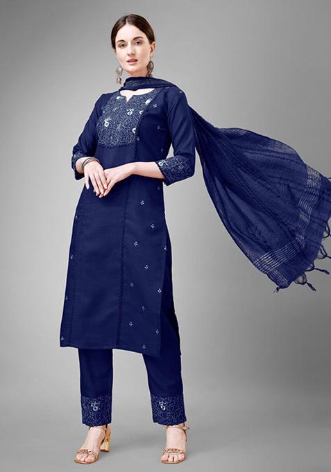 Dark Blue Embroidered Cotton Blend Kurta Set