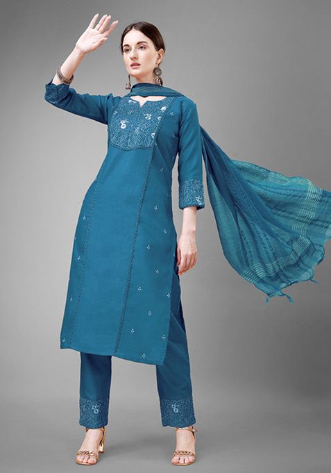 Blue Embroidered Cotton Blend Kurta Set