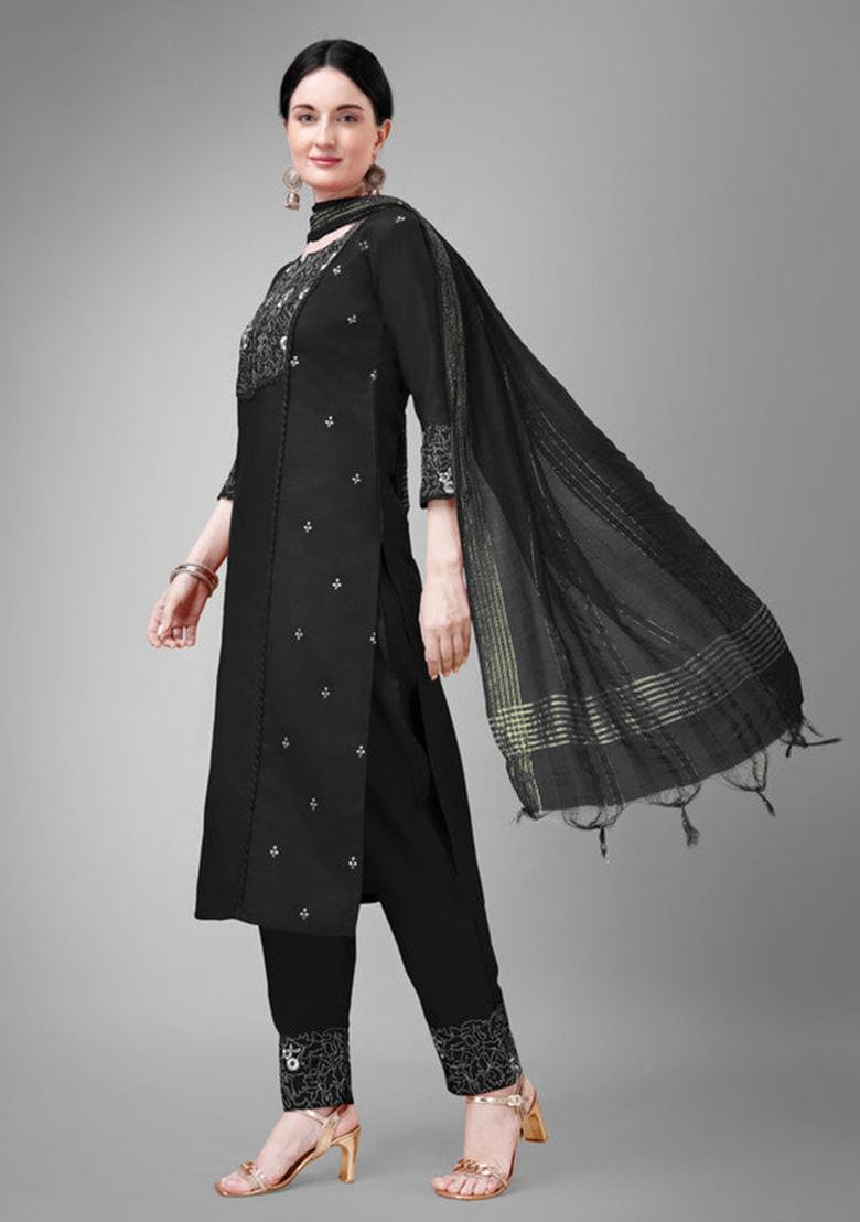 Black Embroidered Cotton Blend Kurta Set