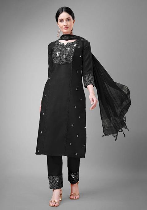 Black Embroidered Cotton Blend Kurta Set