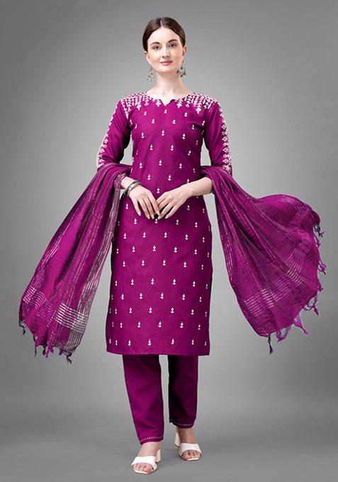 Purple Embroidered Cotton Blend Kurta Set