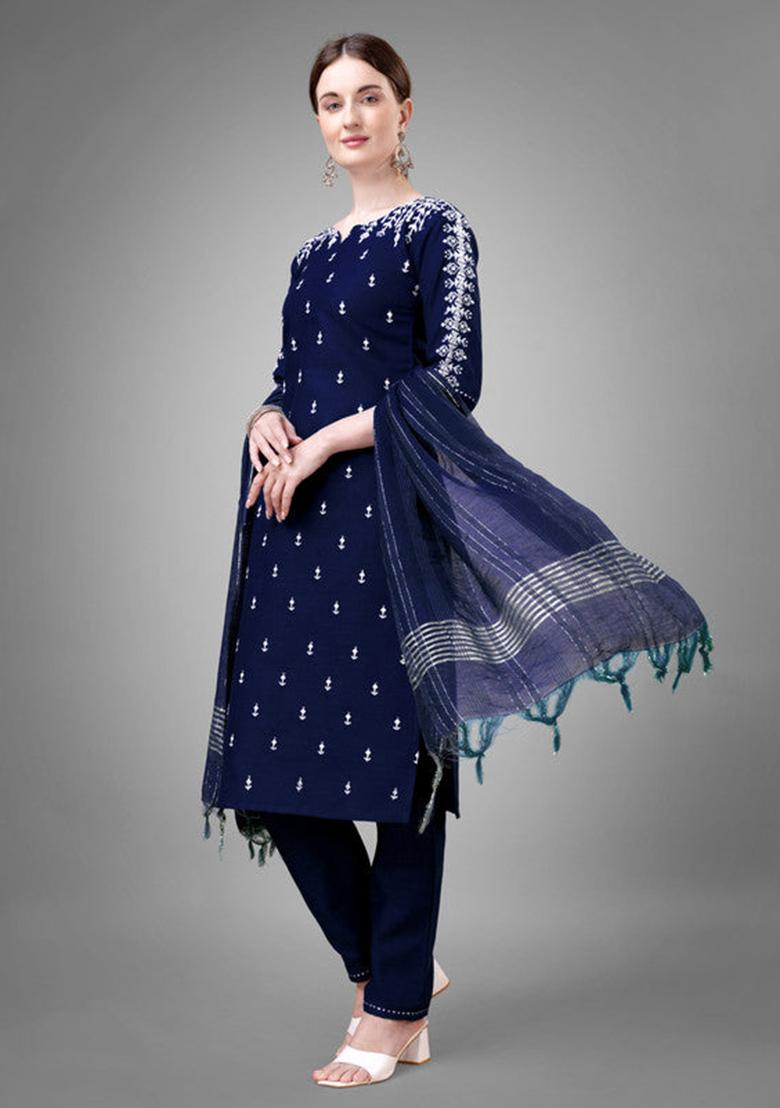 Dark Blue Embroidered Cotton Blend Kurta Set