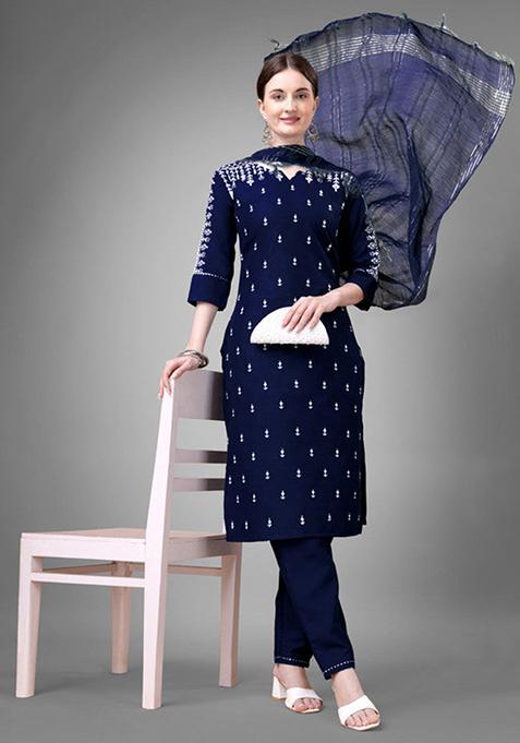 Dark Blue Embroidered Cotton Blend Kurta Set