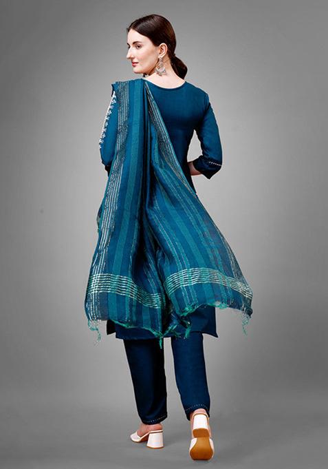Blue Embroidered Cotton Blend Kurta Set