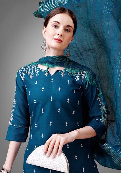 Blue Embroidered Cotton Blend Kurta Set