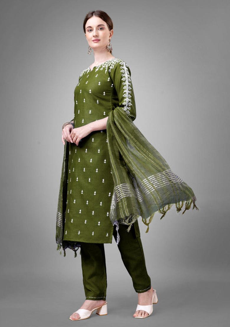 Green Embroidered Cotton Blend Kurta Set