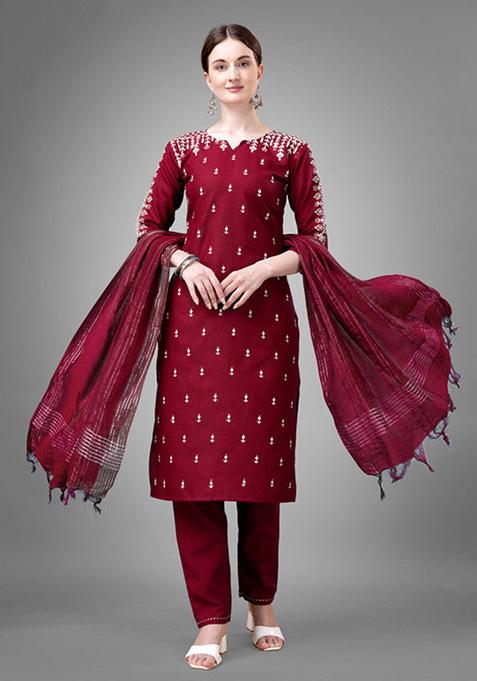 Maroon Embroidered Cotton Blend Kurta Set