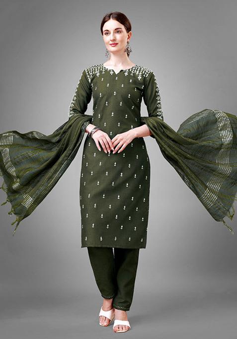 Dark Green Embroidered Cotton Blend Kurta Set