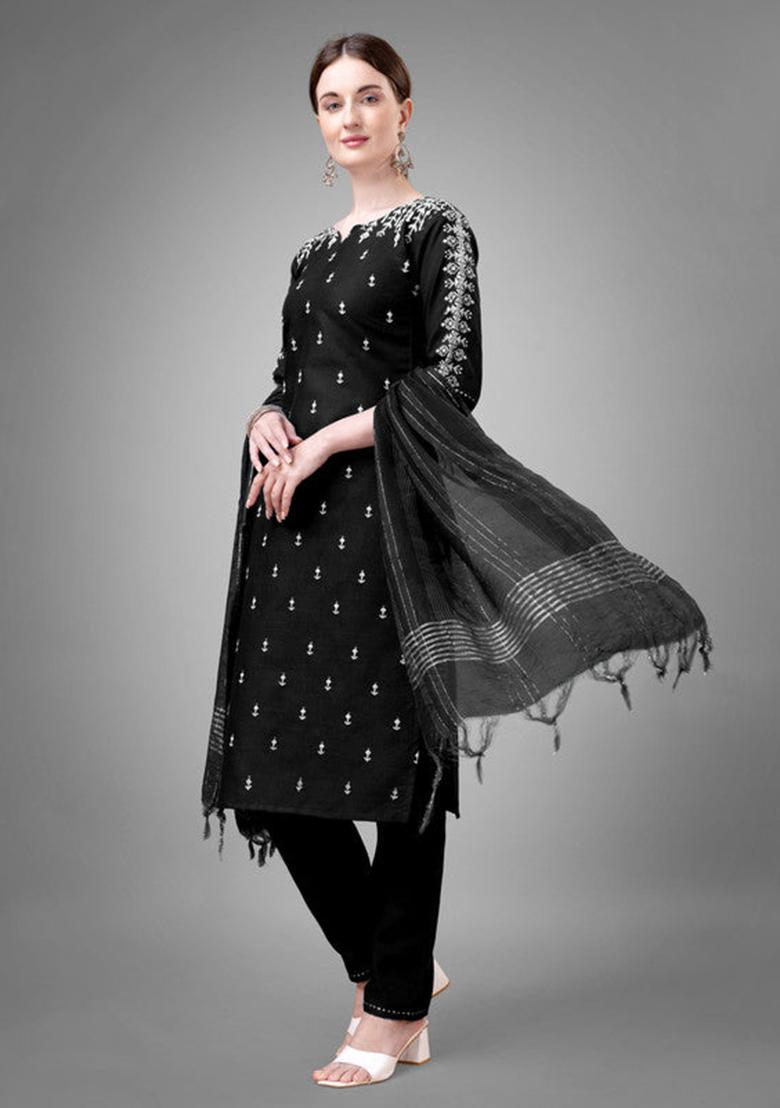 Black Embroidered Cotton Blend Kurta Set