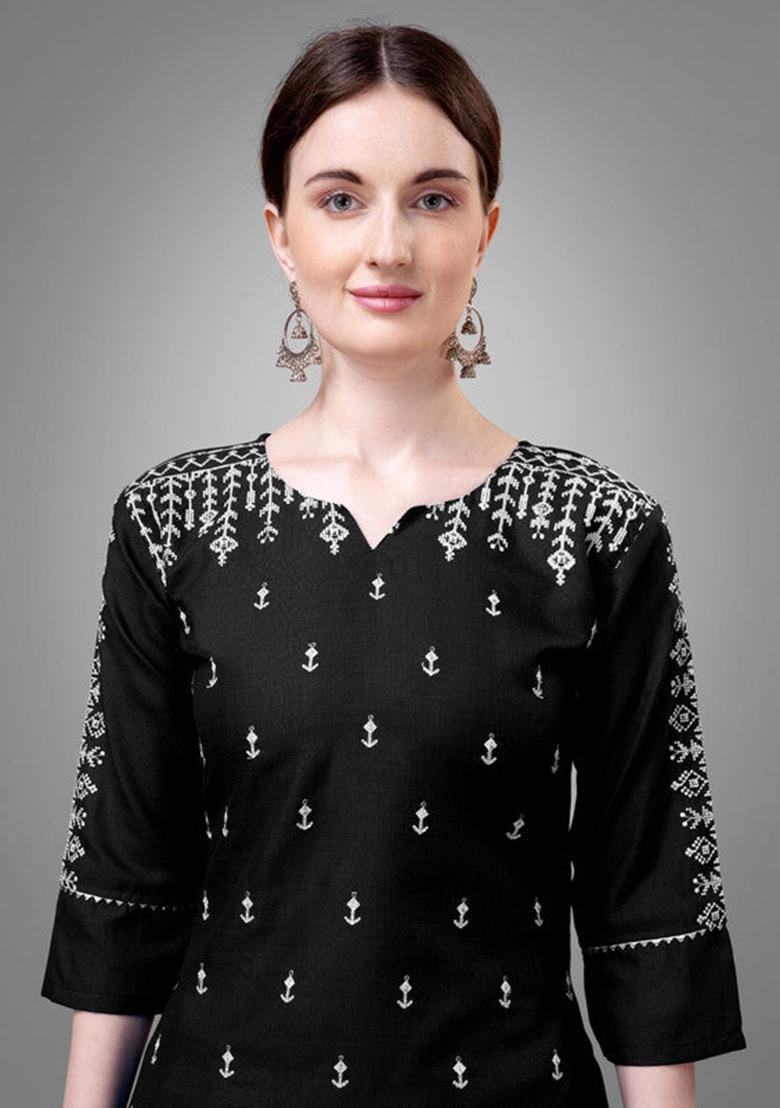 Black Embroidered Cotton Blend Kurta Set