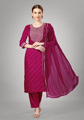 Rani Pink Embroidered Silk Blend Kurta Set