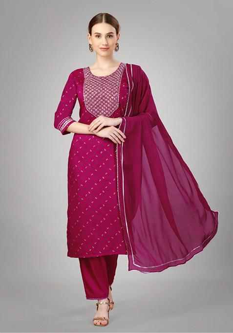 Rani Pink Embroidered Silk Blend Kurta Set