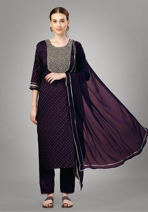 Purple Embroidered Silk Blend Kurta Set