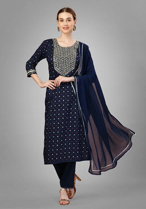 Navy Blue Embroidered Silk Blend Kurta Set