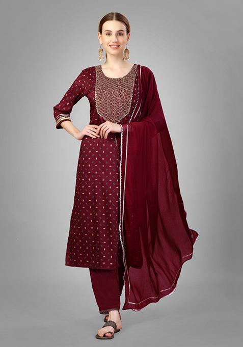 Maroon Embroidered Silk Blend Kurta Set